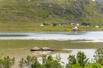 fjord and houses on shore, near Flakstad ,  Lofoten, Norway