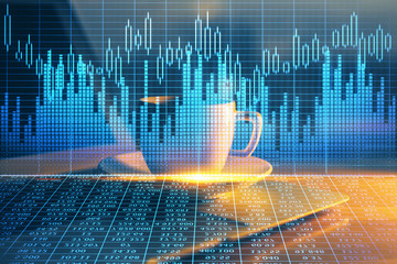 Double exposure of graph and financial info and work space with computer background. Concept of international online trading.