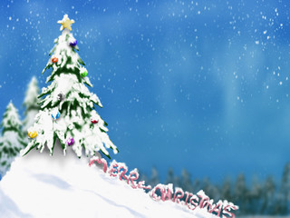 Christmas trees and decoration light on snow with blurred of tree in blue sky with snow fall and merry Christmas text.