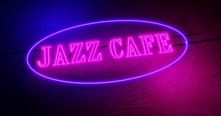 Jazz Cafe sign at entrance to musical bar entertainment. Neon signage for live band and pub - 4k