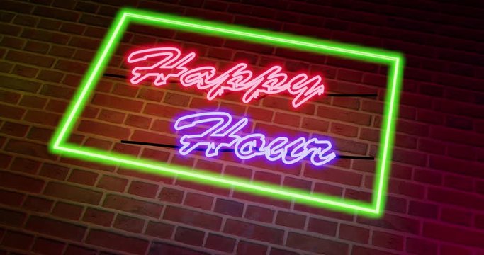 Happy Hour Neon Sign Outside A Pub Or Bar For Drinking. Cheap Or Discount And Alcohol After Work - 4k