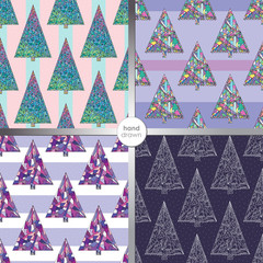 Christmas trees vector seamless patterns.