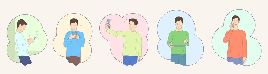 Set of isolated illustrations of a guy with a phone and a tablet. Hipster. Flat design. Vector graphics. Bright colors. A teenager uses social networks to communicate. Set of 5 poses. 