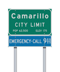 Vector illustration of the Camarillo City Limit green road sign and Emergency Call 9-1-1 blue road sign