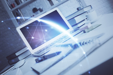 Fototapeta premium Computer on desktop with social network theme icon. Multi exposure. Concept of international connections.