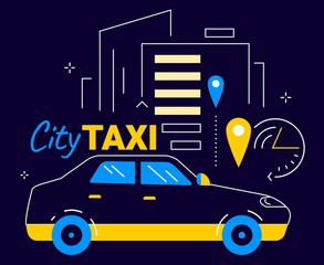 Vector neon color illustration of yellow city taxi and skyscrape