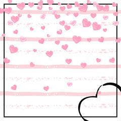 Wedding glitter confetti with hearts on pink stripes. Random falling sequins with glossy sparkles. Design with pink wedding glitter for greeting card, bridal shower and save the date invite.