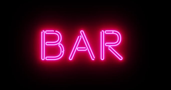 Neon bar sign outside public house, saloon or tavern. A colourful graphic for alcohol or cocktails in a lounge - 4k
