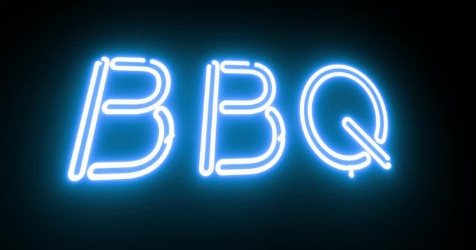 BBQ neon sign means barbecue food available roasted. Hot cooked party dining of ribs or steak - 4k