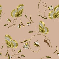 Obraz premium Trendy floral background with beautiful field flower bluebell and butterfly in pastel color.