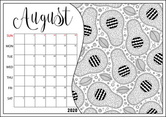 2020 calendar pages set. doodle hand drawn zen