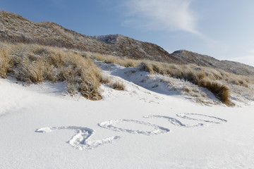 Fototapeta na wymiar Happy New Year 2020 text in snow on the beach with dunes in snow as background