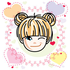 Vector illustration of beautiful blonde happy girl face, positive face features, clipart. Teenager winking.