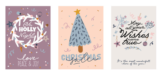 Merry Christmas or Happy New 2020 Year illustration with holiday lettering and traditional winter element. Cute prints in scandinavian style. Good for label, banner, tags or stickers . Vector isolated
