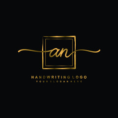 Initial AN handwriting logo design, with brush box lines gold color. handwritten logo for fashion, team, wedding, luxury logo.