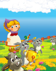Obraz na płótnie Canvas cartoon scene with happy farmer woman on the farm ranch illustration for the children