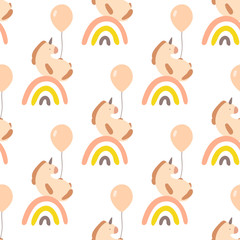 Unicorns with rainbows and balloons seamless vector pattern. Delicate pink shades. Cute baby style. - 307860048