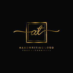 Initial AT handwriting logo design, with brush box lines gold color. handwritten logo for fashion, team, wedding, luxury logo.