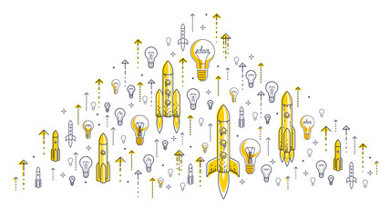 Startup rockets take off, space rockets flying start up business concept, vector illustration.