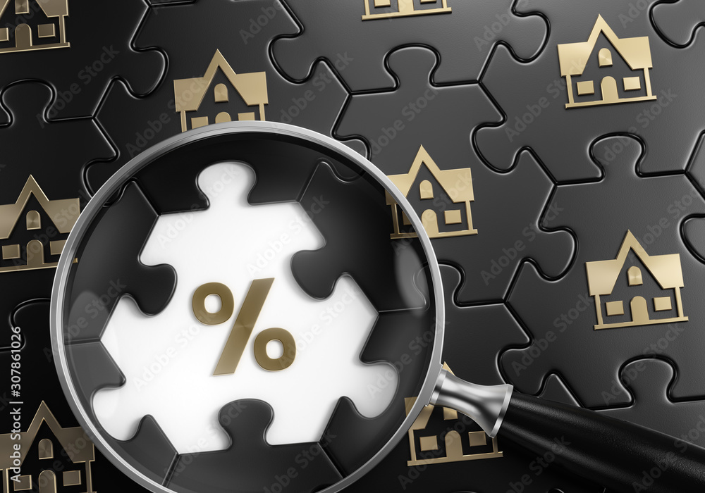 Poster Mortgage Search. Handheld magnifier placed over a percent sign and focusing on it in surrounding of house pictograms which are centered on pieces of a jigsaw puzzle. 3D rendering graphics.