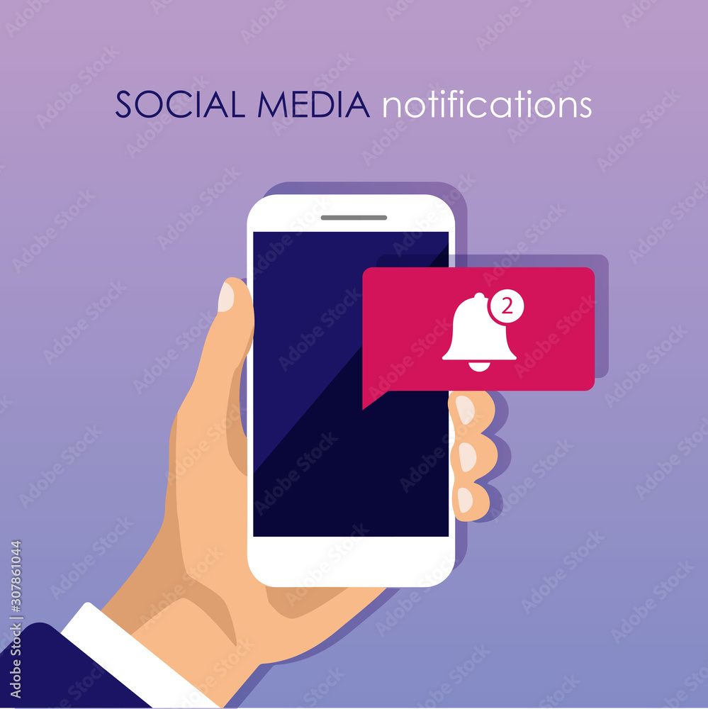 Poster hand holds smartphone with social media notifications icons. one new notification on screen. vector 