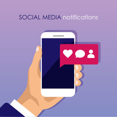 Hand holds smartphone with new social media notifications on a screen. 3D Chat message, like, heart, comment, follower symbol. Vector illustration isolated on color background.