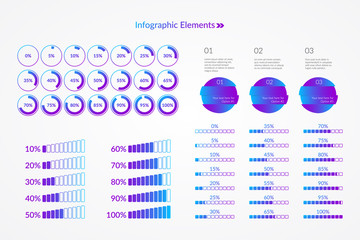Percentage vector infographic symbol set. 5 to 100 percent gradient pie chart signs. Three step icons, circle and square diagrams for business, download, report, finance