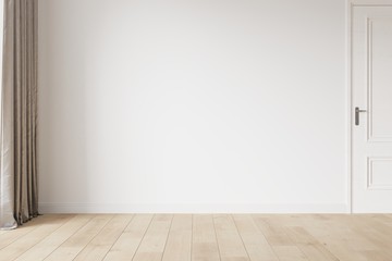 White empty room mockup with brown curtain, white door and wood floor. 3D illustration.
