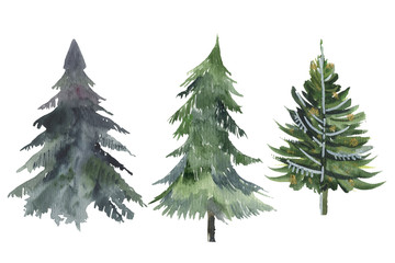 Set of Christmas tree watercolor icon. Collection of New Years xmas trees with heralds, striped christmas pine. 2020 winter holidays party green fir.