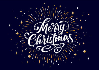 Fototapeta premium Merry Christmas. Lettering text for Merry Christmas. Greeting card, poster, banner with script text merry christmas. Holiday background with graphic, golden hand drawn design. Vector Illustration