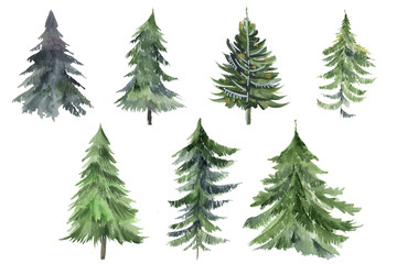 Obraz premium Set of Christmas tree watercolor icon. Collection of New Years xmas trees with heralds, striped christmas pine. 2020 winter holidays party green fir.