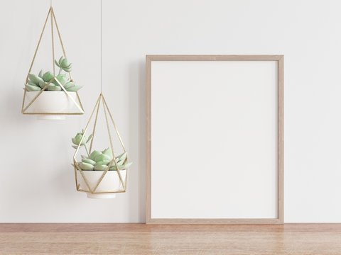 Vertical wooden frame mock up with white wall and green cactus. 3D illustrations.