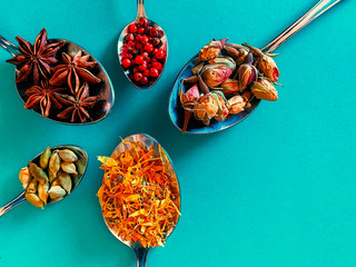 Spices in spoons top view and blue background. Herbal spices for gin tonic.