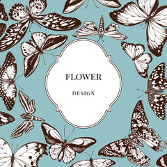 Badge over design with papilio ulysses, morpho menelaus, papilio demoleus, cethosia biblis, papilio antimachus, alcides agathyrsus, ornithoptera priamus, ornithoptera croesus lydius, graphium weiskei