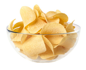Potato chips in a glass bowl isolated on white background.