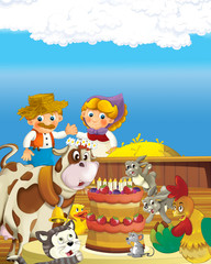 cartoon scene with happy farmer man and woman on the farm ranch illustration for the children