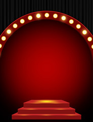 Empty scene with red stage podium and black curtain. Design for presentation, concert, show