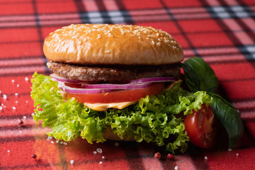  beef burger with cheese, fresh tomatoes and cucumber, onions. sesame seed bun