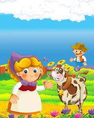 cartoon scene with happy farmer man and woman on the farm ranch illustration for the children