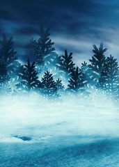 Fototapeta na wymiar Winter background. Snow-covered winter forest, snowdrifts, fog