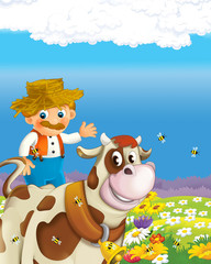 cartoon scene with happy farmer man on the farm ranch illustration for the children