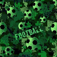 Abstract seamless football pattern for boys. Sport football pattern. Grunge sport urban backdrop with football ball. Sport wallpaper on black background with multicolor spots. Repeated pattern.