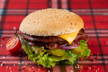  beef burger with cheese, fresh tomatoes and cucumber, onions. sesame seed bun
