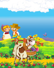 Fototapeta premium cartoon scene with happy farmer man and woman on the farm ranch illustration for the children