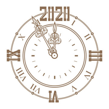 Dial of a vintage watch with curly hands shows five minutes to the New Year 2020. Watch dial 2020. Silhouetted of an ancient clock with Roman numerals. Vector illustration