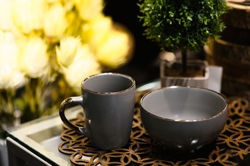 background decoration with cup of chocolate on table with copy space. tree wallpaper for celebration