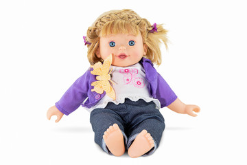 Plush baby girl doll isolated on white background with clipping path