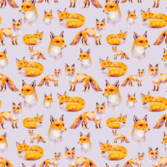 Watercolor woodland foxes seamless pattern, portrait fox, sleeping fox