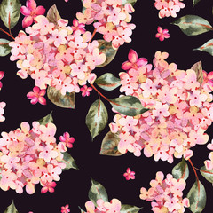 Watercolor seamless pattern with pink blooming hydrangea, small wildflowers.