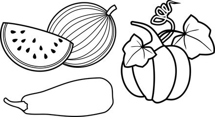 Coloring page. Set of different gourd vegetables: pumpkin, zucchini and watermelon